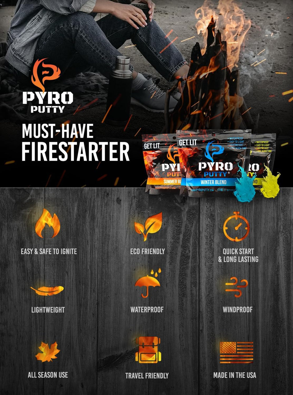 Pyro Putty: Single Use Waterproof Survival Fire Starter, 20 or 50 Ct Foil Packs, Easy Tear, Easy Ignite, Fire Starters for Campfires