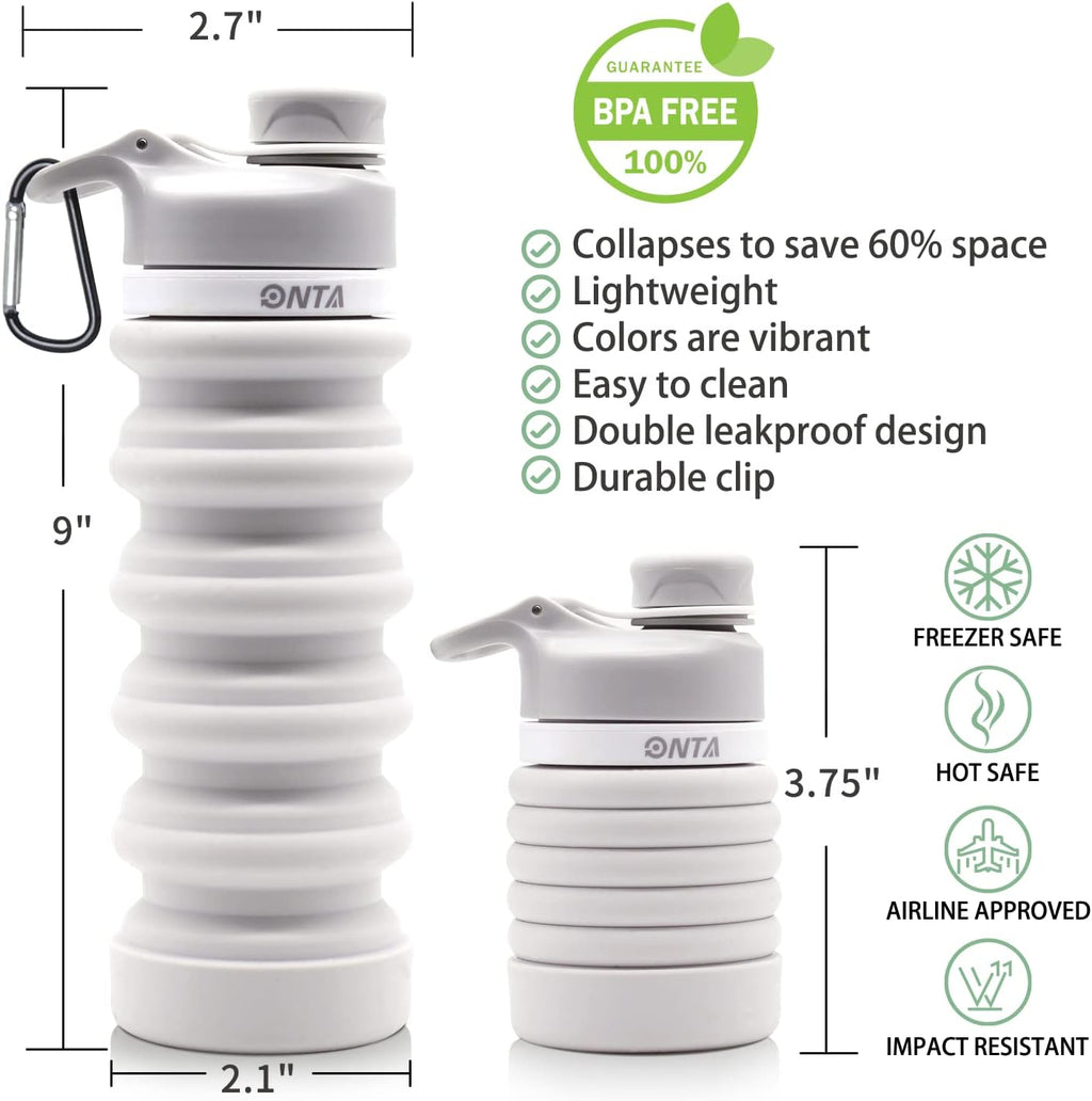 Collapsible BPA Free Silicone Water Bottle, 20Oz - Portable, Leakproof, Easy Clean, Shatter Resistant, Travel Friendly
