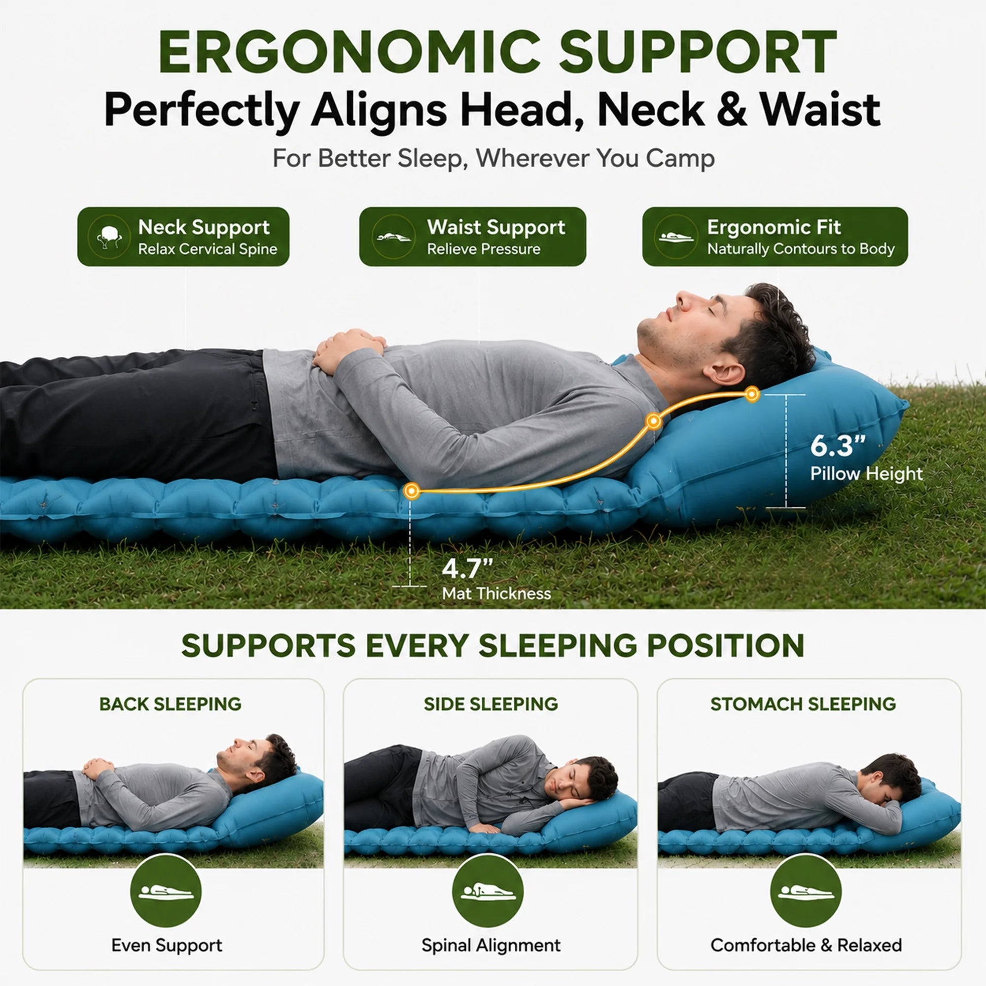 Camping Sleeping Pad, 6.3" Inflatable Sleeping Pad with Pillow & Foot Pump, Waterproof Connectable Camping Mat for Backpacking Hiking Travel