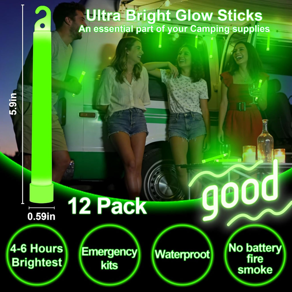 12 Pk Ultra Bright Glow Sticks Bulk, Glow in the Dark 6 Inch Emergency Light Stick, Vibrant Colors Light up Sticks for Hurricane Supplies Camping Survival Fishing Neon Party Favors