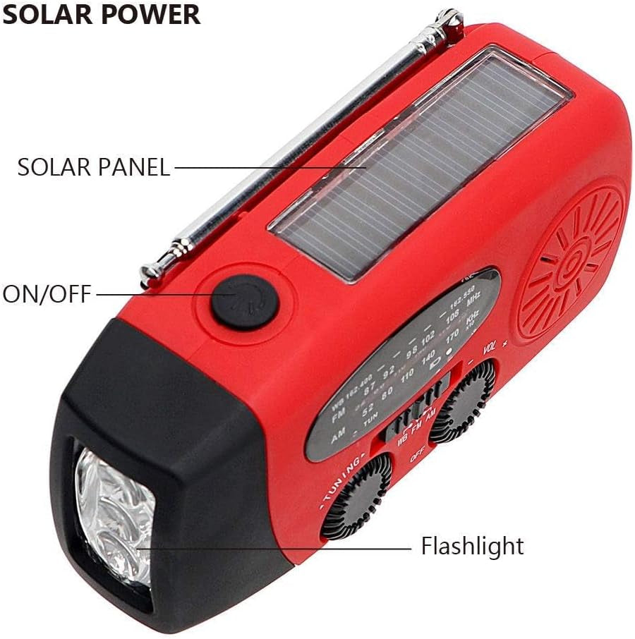 FM/AM/NOAA Weather Radio Hand Crank Self Powered Solar Portable Mini Emergency Survival Radios with 3 LED Super Bright Flashlight 2000Mah Battery Operated Power Smart Phone Charger,Sos