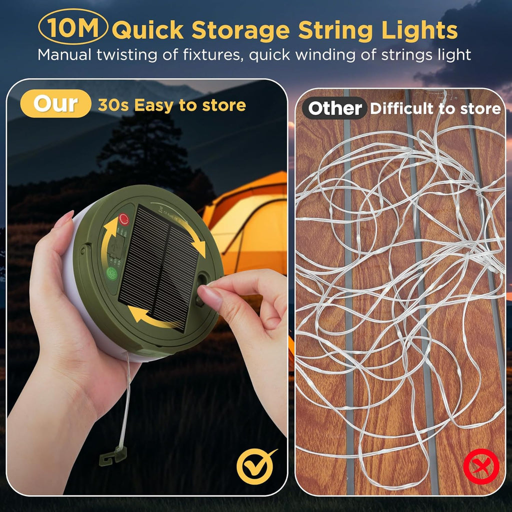 Solar Camping String Lights, 33FT 3000Mah Retractable 4 in 1 Camp Lights with 8 Modes, Portable Rechargeable Camp Lamp, Camping Lamp Outdoor Waterproof, Tent Light for Party, RV, Hiking