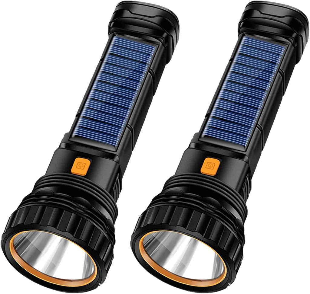 Solar/Rechargeable Multi Function 1000 Lumens LED Flashlight, with Emergency Strobe Light, Handheld LED Flashlights for Home Emergencies Camping (2PC)