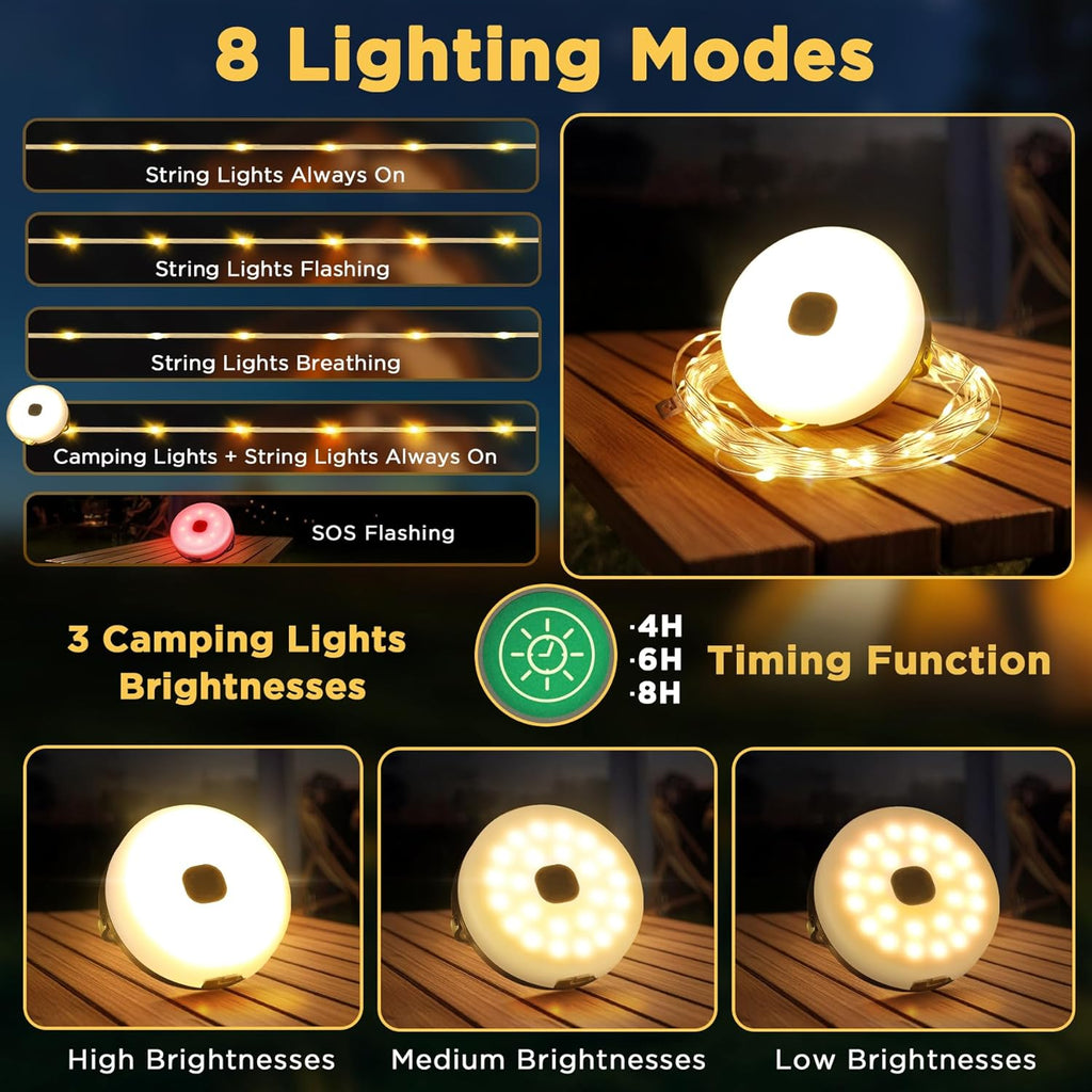 Solar Camping String Lights, 33FT 3000Mah Retractable 4 in 1 Camp Lights with 8 Modes, Portable Rechargeable Camp Lamp, Camping Lamp Outdoor Waterproof, Tent Light for Party, RV, Hiking