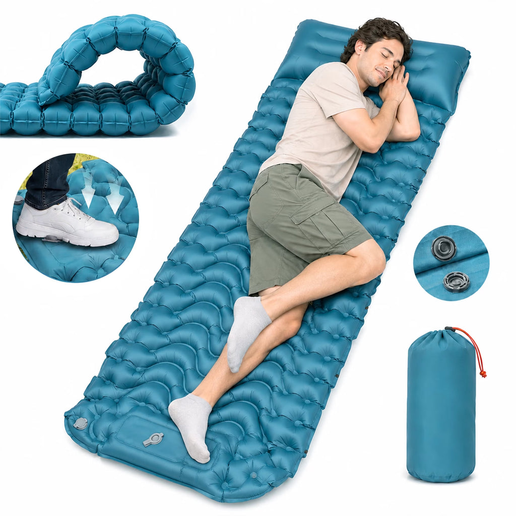 Camping Sleeping Pad, 6.3" Inflatable Sleeping Pad with Pillow & Foot Pump, Waterproof Connectable Camping Mat for Backpacking Hiking Travel
