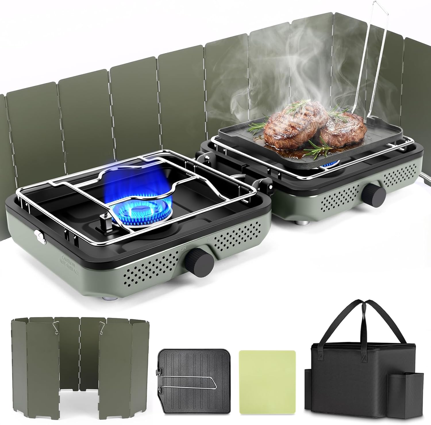 2-Burner Propane Camping Stove with Windscreen & Carry Bag – 30,000 BTU