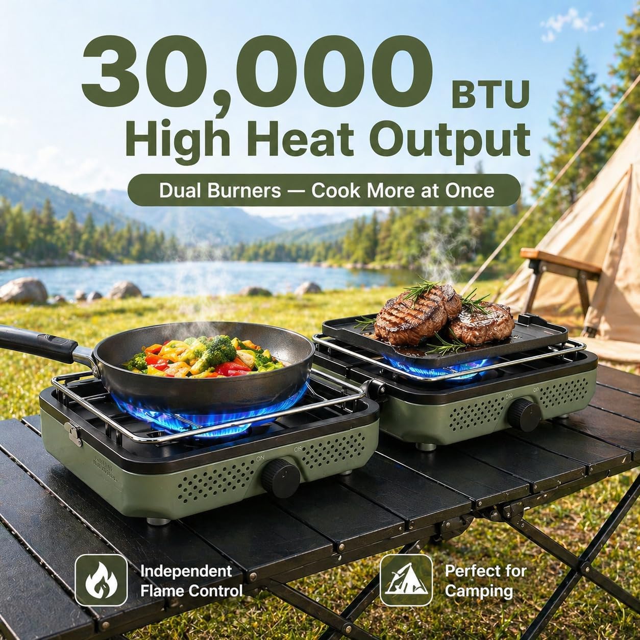 2-Burner Propane Camping Stove with Windscreen & Carry Bag – 30,000 BTU