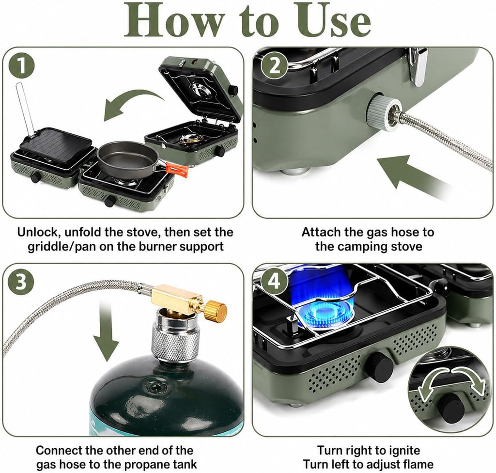 2-Burner Propane Camping Stove with Windscreen & Carry Bag – 30,000 BTU