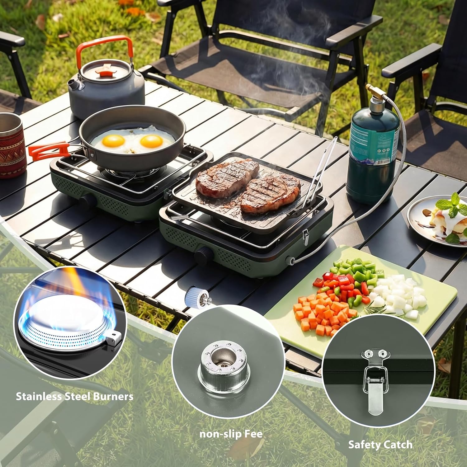 2-Burner Propane Camping Stove with Windscreen & Carry Bag – 30,000 BTU