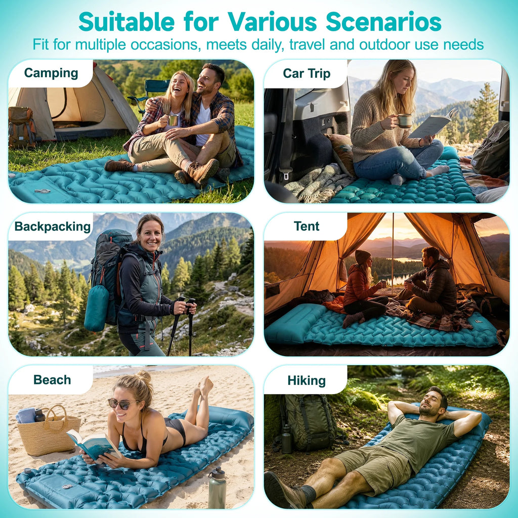 Camping Sleeping Pad, 6.3" Inflatable Sleeping Pad with Pillow & Foot Pump, Waterproof Connectable Camping Mat for Backpacking Hiking Travel