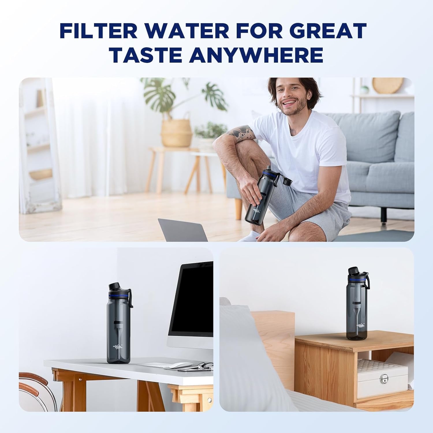 Filtered Water Bottle,  C3 Water Bottle Filter with Replaceable ACFX2 Filter Cartridge, Portable Water Filter 36Oz Bpa-Free for Travel, Hiking & Camping Drinking Use(Grey)