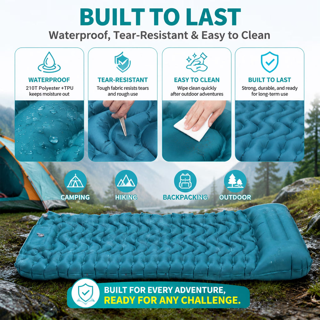 Camping Sleeping Pad, 6.3" Inflatable Sleeping Pad with Pillow & Foot Pump, Waterproof Connectable Camping Mat for Backpacking Hiking Travel