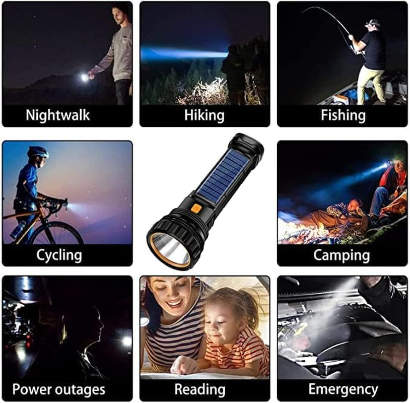 Solar/Rechargeable Multi Function 1000 Lumens LED Flashlight, with Emergency Strobe Light, Handheld LED Flashlights for Home Emergencies Camping (2PC)