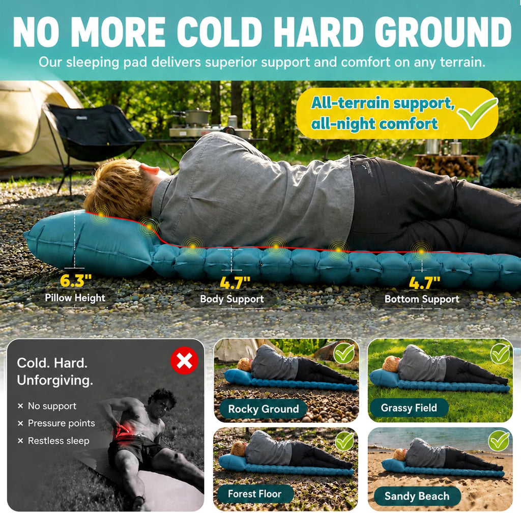 Camping Sleeping Pad, 6.3" Inflatable Sleeping Pad with Pillow & Foot Pump, Waterproof Connectable Camping Mat for Backpacking Hiking Travel
