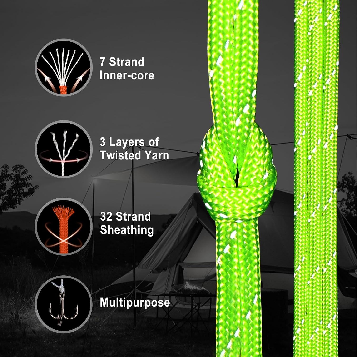 Reflective Paracord Rope 7 Strand Type III Parachute Cord 4Mm 100Ft / 200Ft for Tent Camping Hiking Fishing Survival Tactical Clothesline DIY Projects