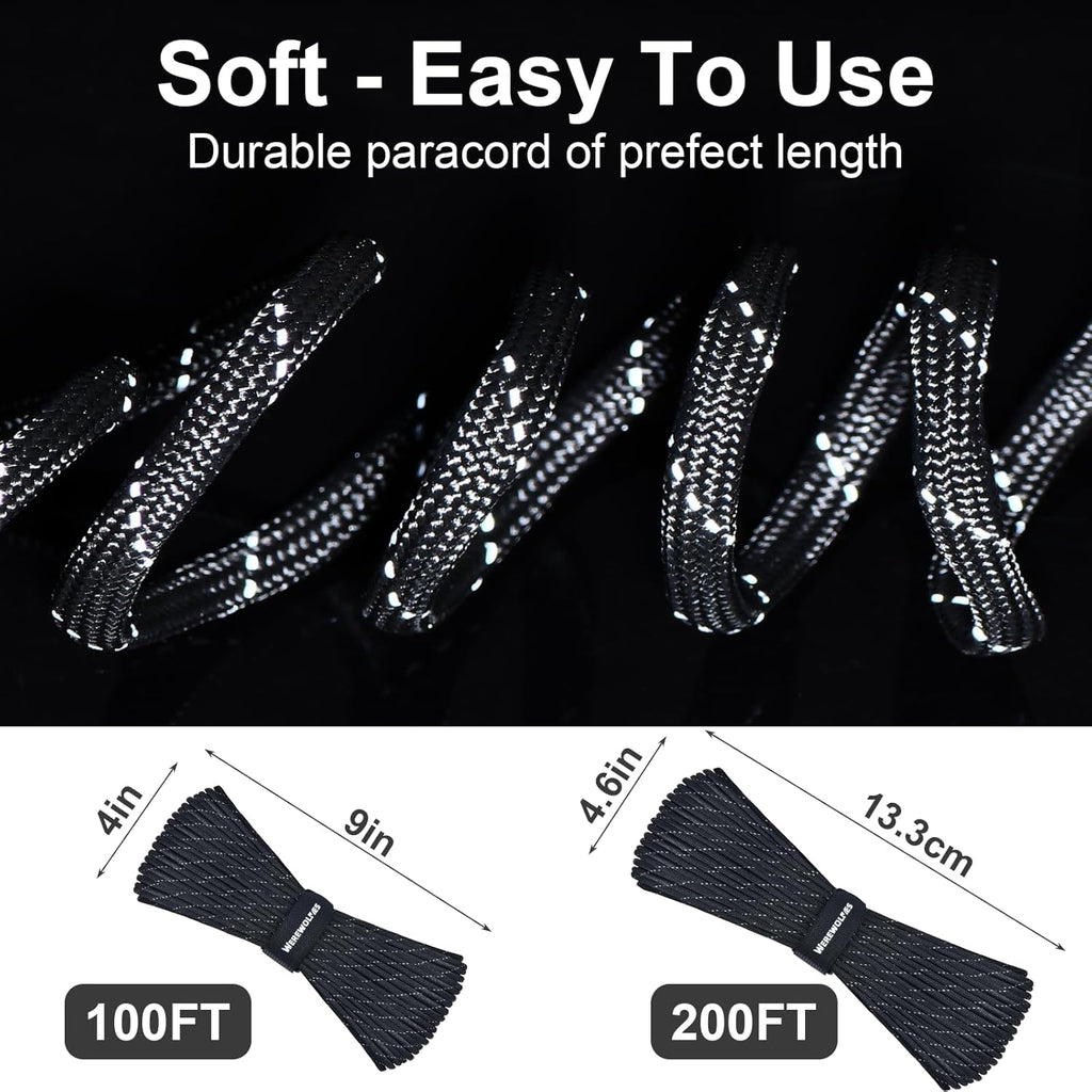 Reflective Paracord Rope 7 Strand Type III Parachute Cord 4Mm 100Ft / 200Ft for Tent Camping Hiking Fishing Survival Tactical Clothesline DIY Projects