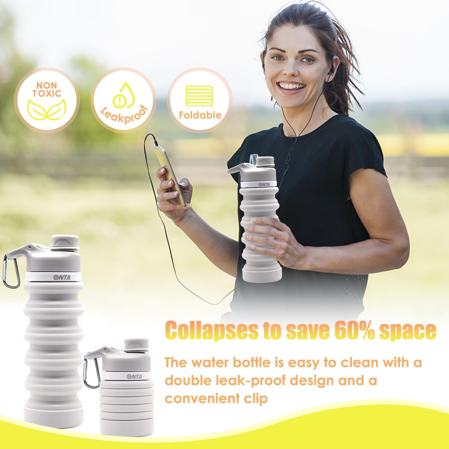 Collapsible BPA Free Silicone Water Bottle, 20Oz - Portable, Leakproof, Easy Clean, Shatter Resistant, Travel Friendly
