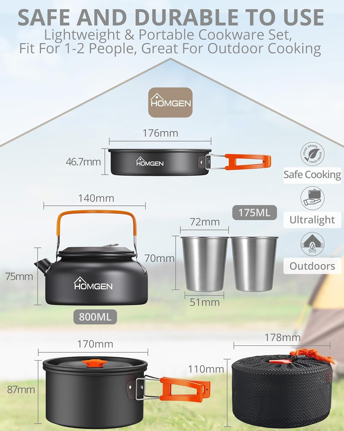 Ultralight Aluminum Camping Cookware Set – 13-Piece Nonstick, Compact