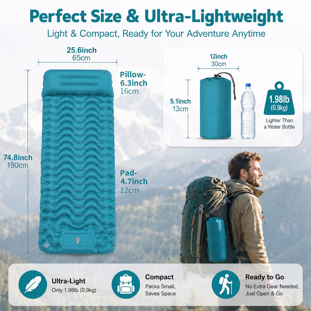 Camping Sleeping Pad, 6.3" Inflatable Sleeping Pad with Pillow & Foot Pump, Waterproof Connectable Camping Mat for Backpacking Hiking Travel